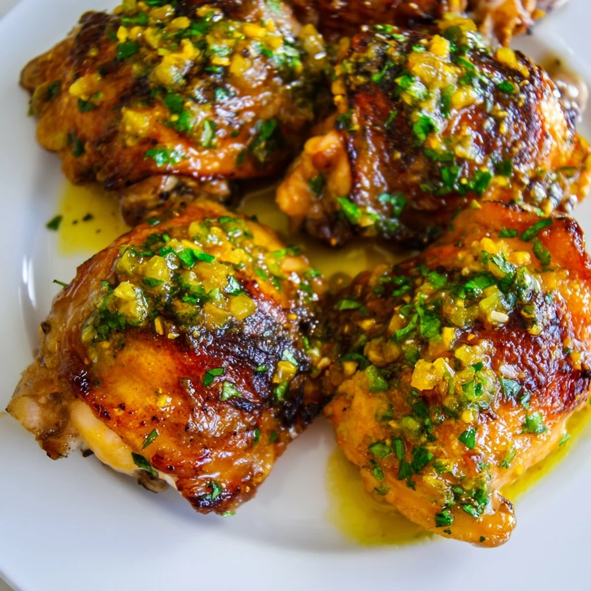 Golden roasted Cuban mojo chicken thighs with crispy skin garnished with fresh cilantro and lime wedges