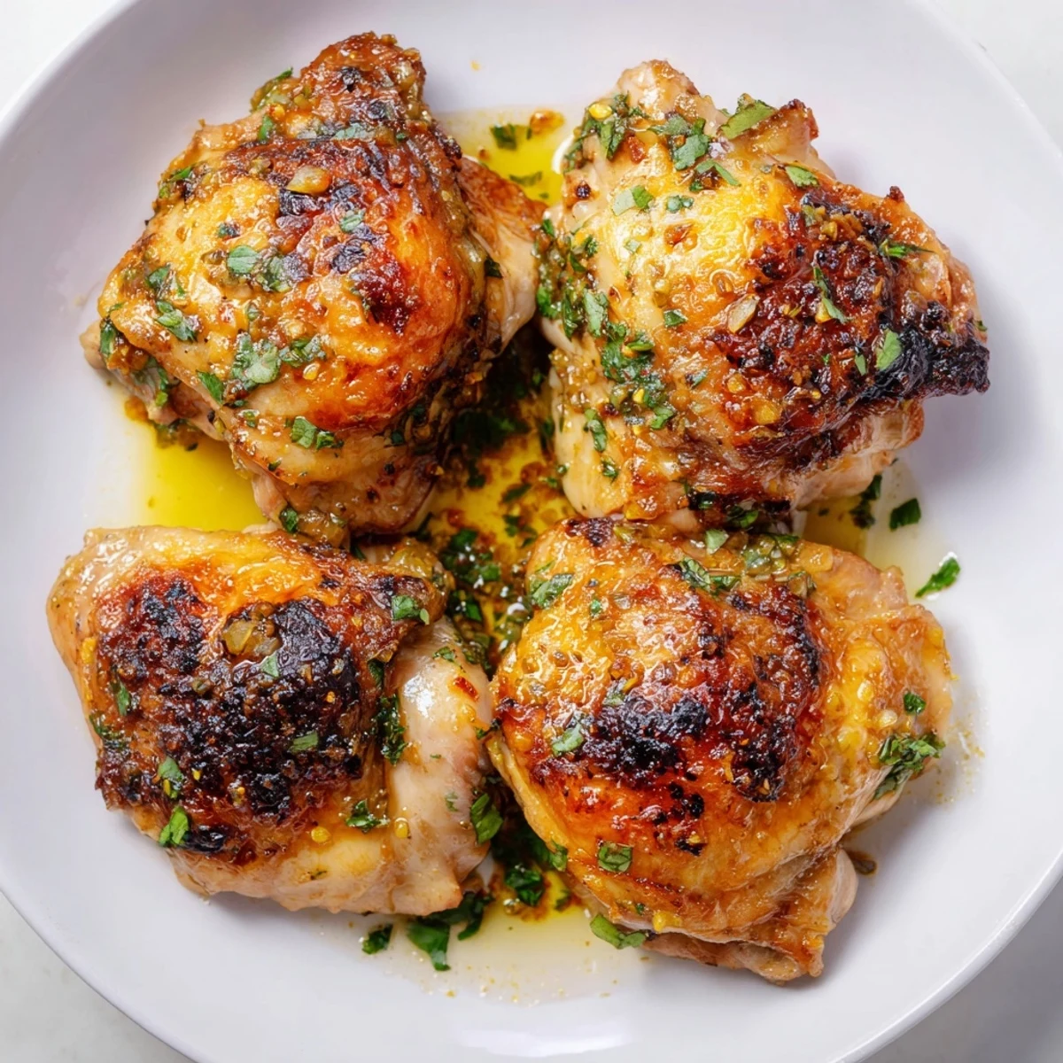 Juicy citrus-marinated Cuban mojo chicken thighs fresh from the oven with vibrant green herbs on top