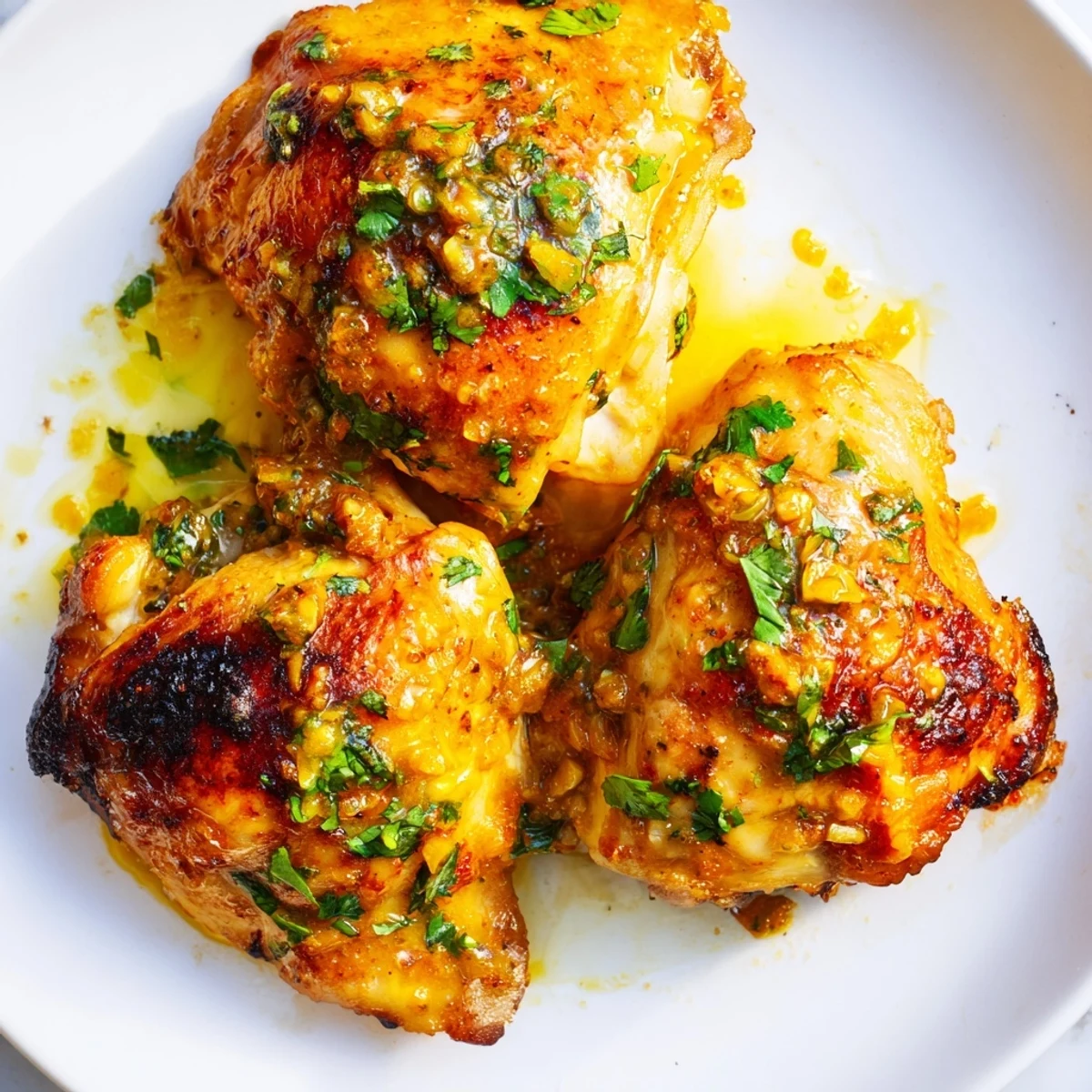 Crispy skin Cuban mojo chicken thighs plated with zesty lime wedges and chopped parsley for serving