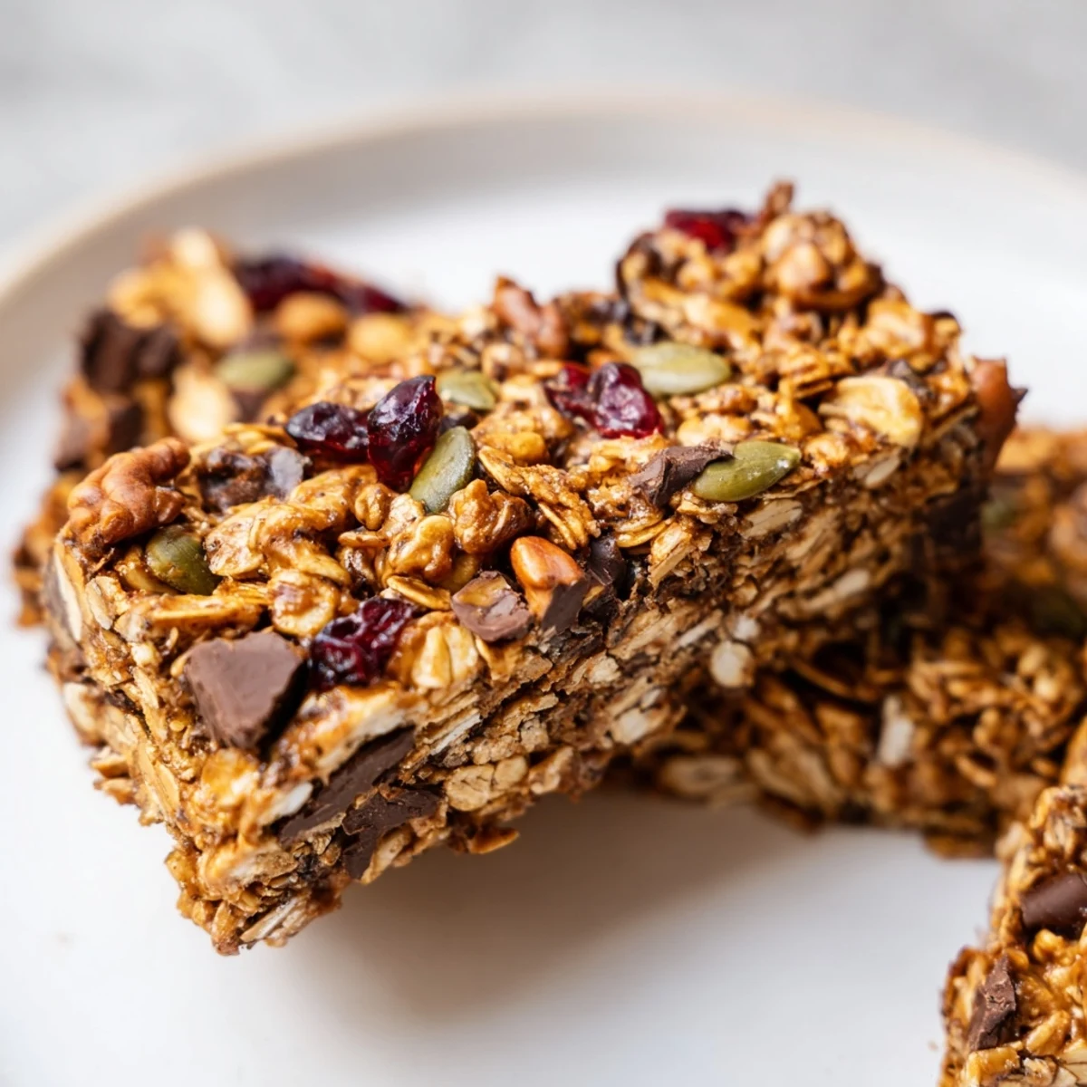Golden homemade granola bars studded with chocolate chips and oats on a wooden board