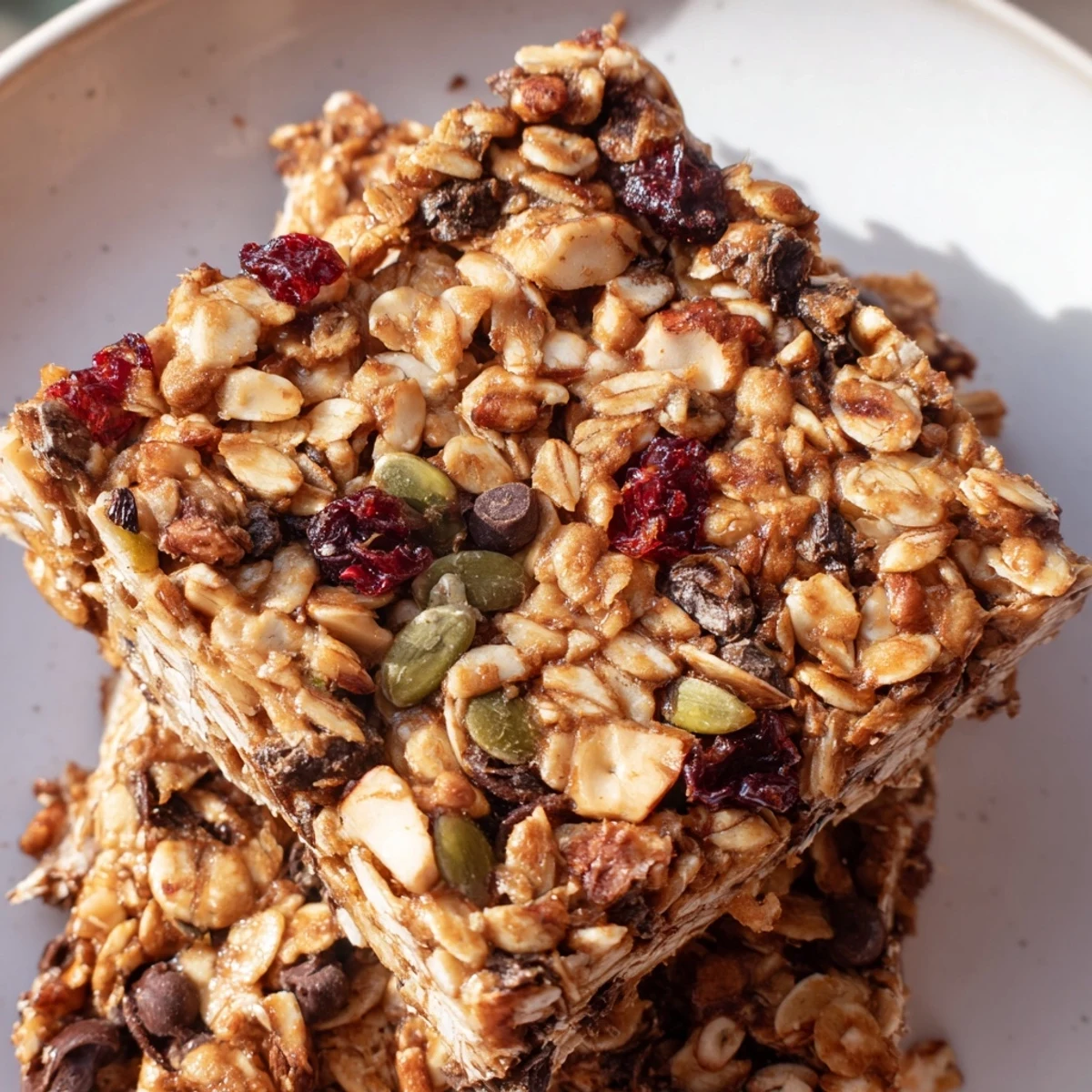Chewy healthy granola bars sliced into squares with visible nuts and dried fruit