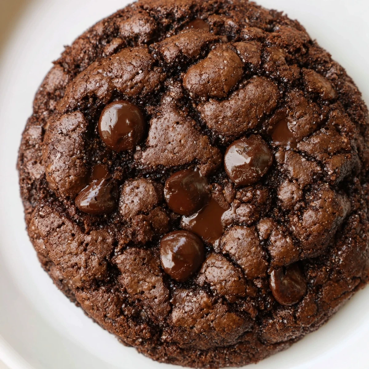 Chewy chocolate espresso cookies with melted chocolate chips on a cooling rack