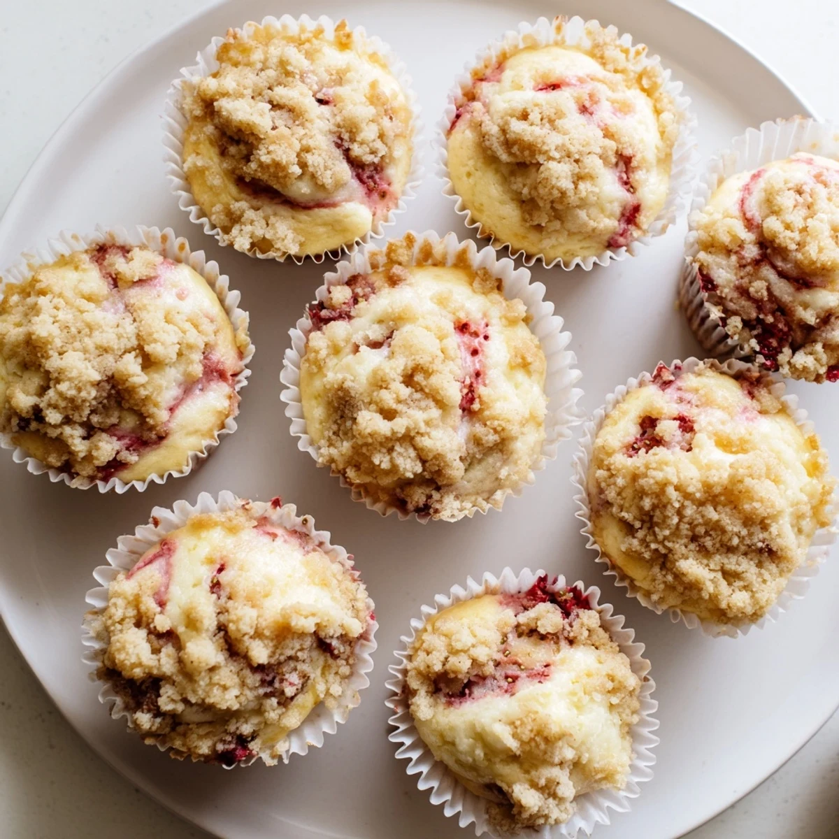 Freshly baked strawberry cream cheese muffins with golden tops and visible cream cheese swirl