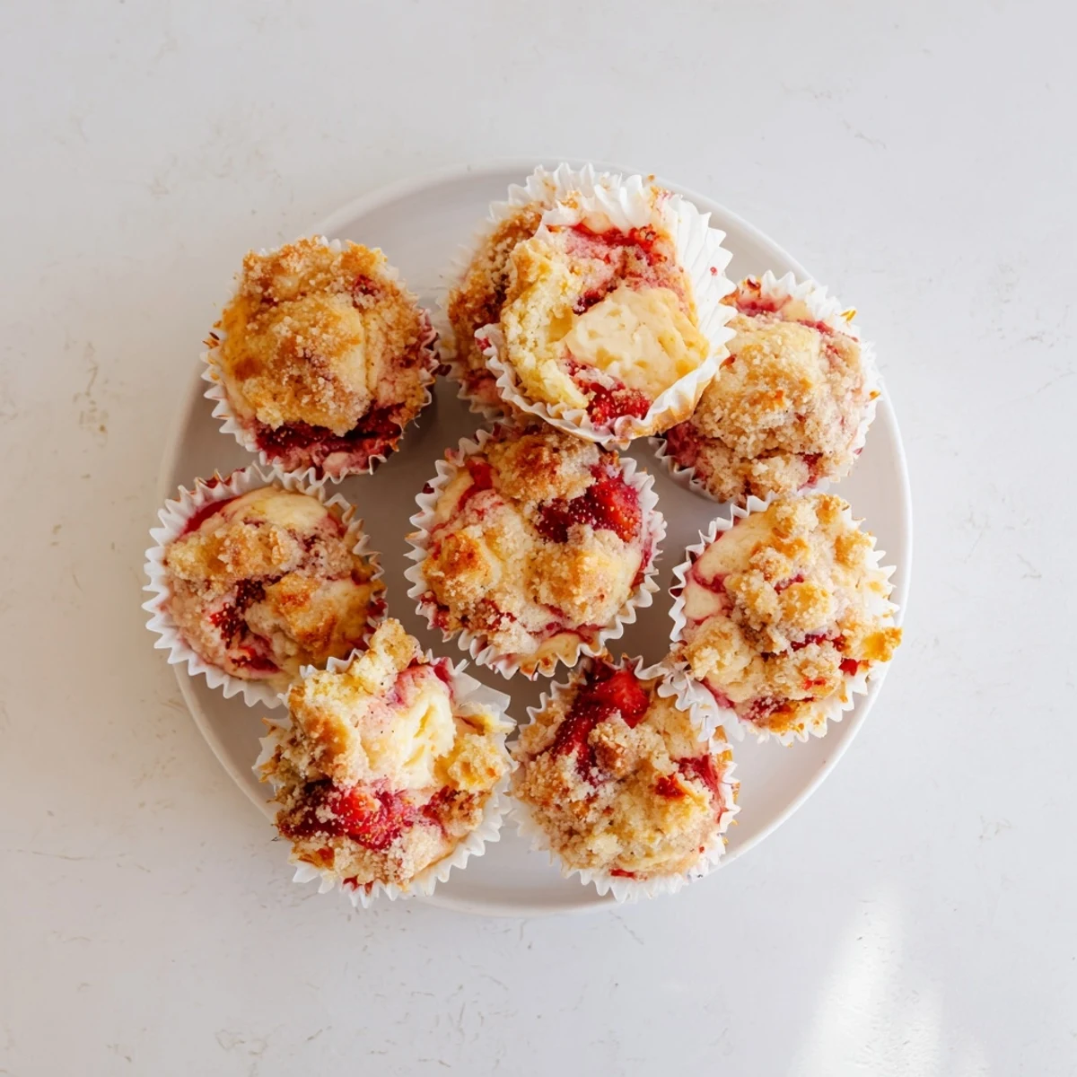 Tender strawberry cream cheese muffins studded with juicy red berries and sweet cream cheese filling