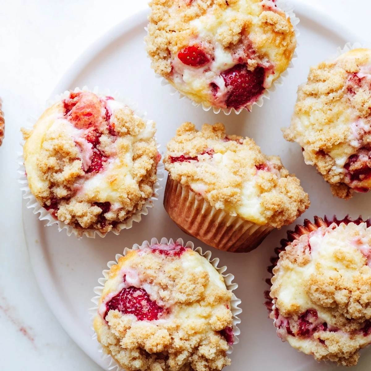Breakfast spread featuring homemade strawberry cream cheese muffins topped with fresh strawberry slices