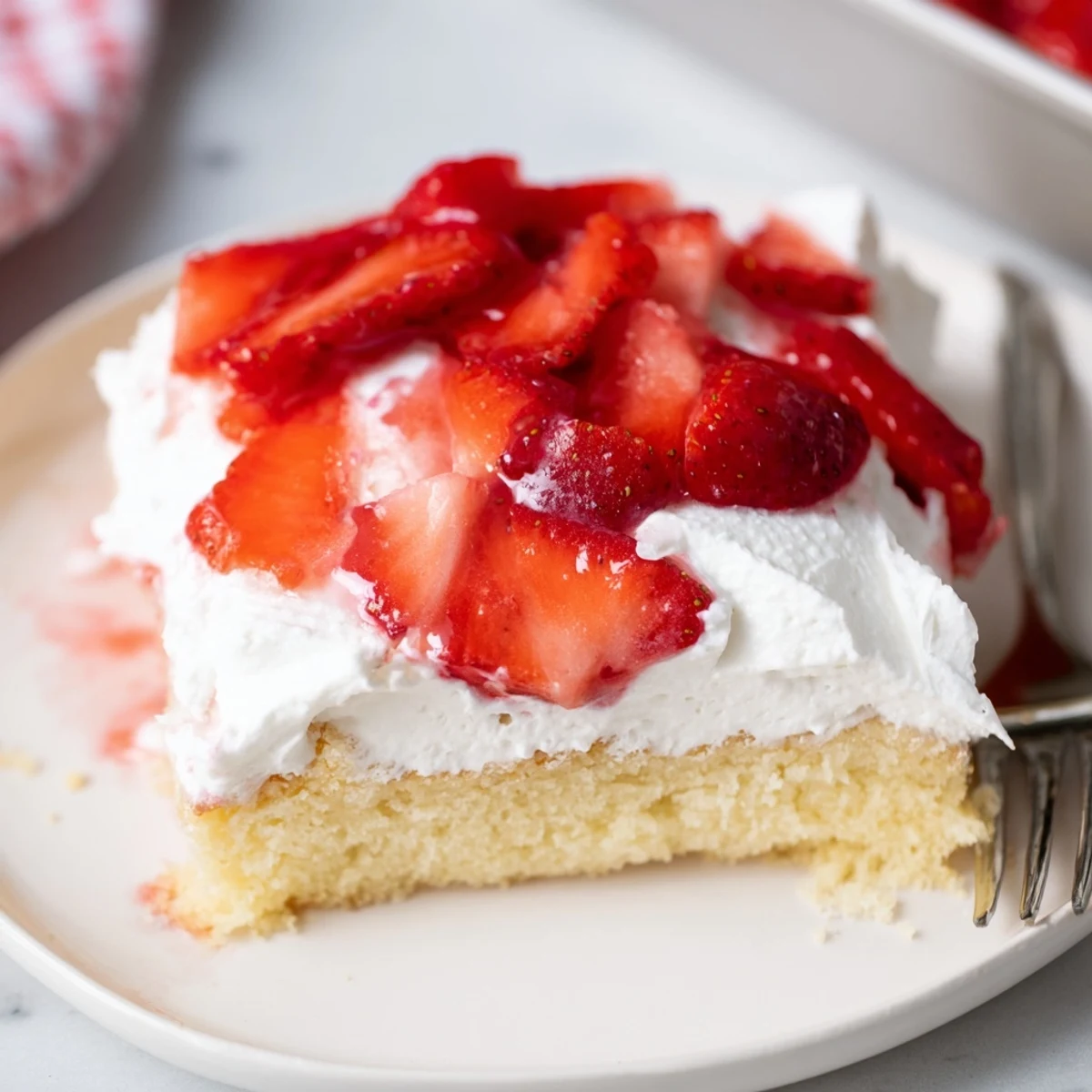 Crowd-pleasing strawberry shortcake sheet cake featuring tender sponge layered with sweet macerated berries and cream