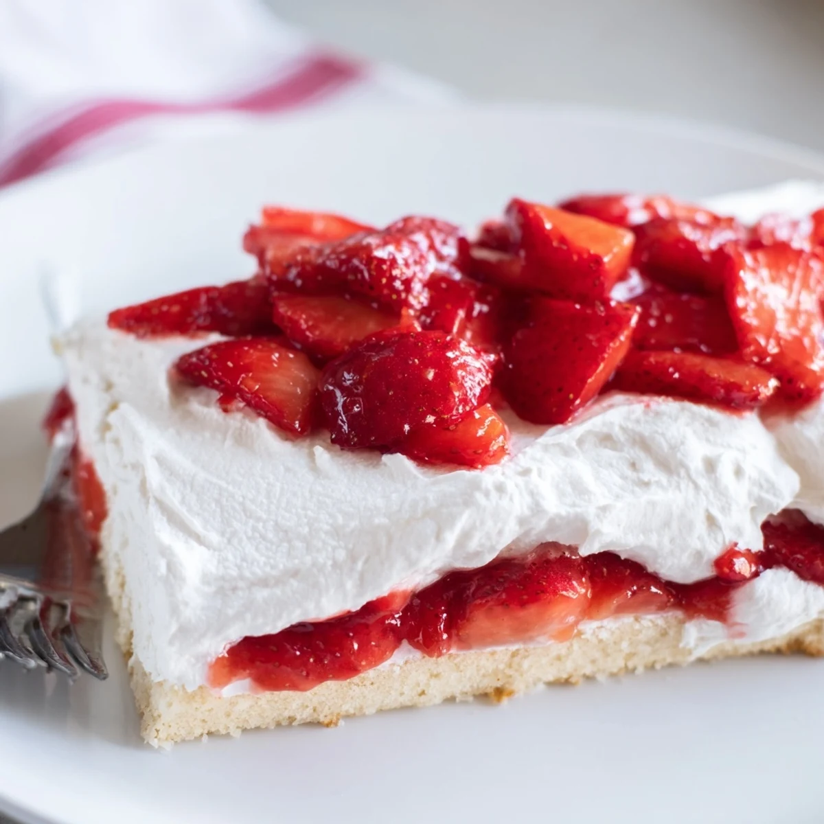 Golden vanilla strawberry shortcake sheet cake topped with fluffy whipped cream and fresh red strawberries