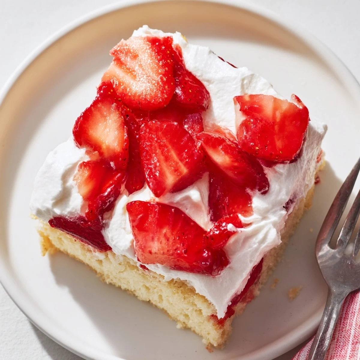 Rectangular strawberry shortcake sheet cake sliced into squares revealing juicy berries and pillowy white frosting