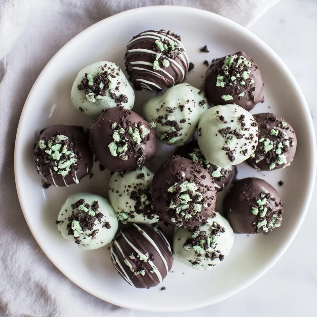 Homemade mint Oreo truffles with white chocolate drizzle atop dark chocolate coating