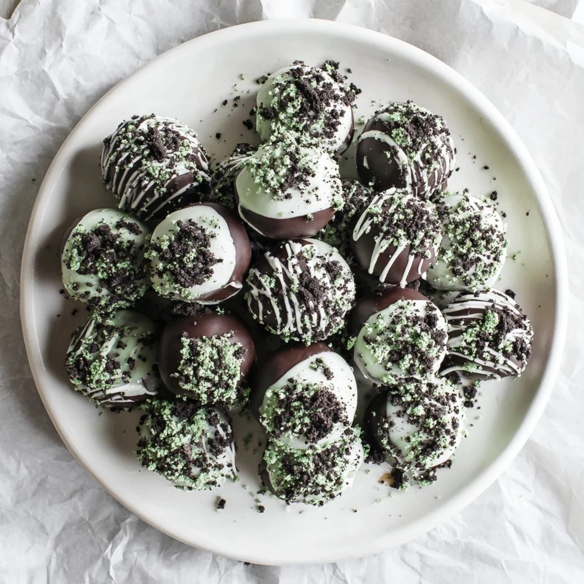 Rich chocolate-dipped mint Oreo truffles arranged on a white serving plate for parties