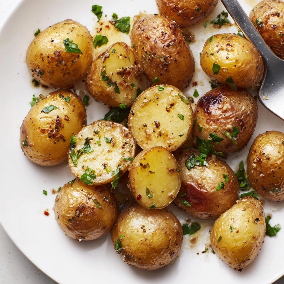 Crispy Oven Roasted Baby Potatoes on a parchment-lined sheet, ready to serve
