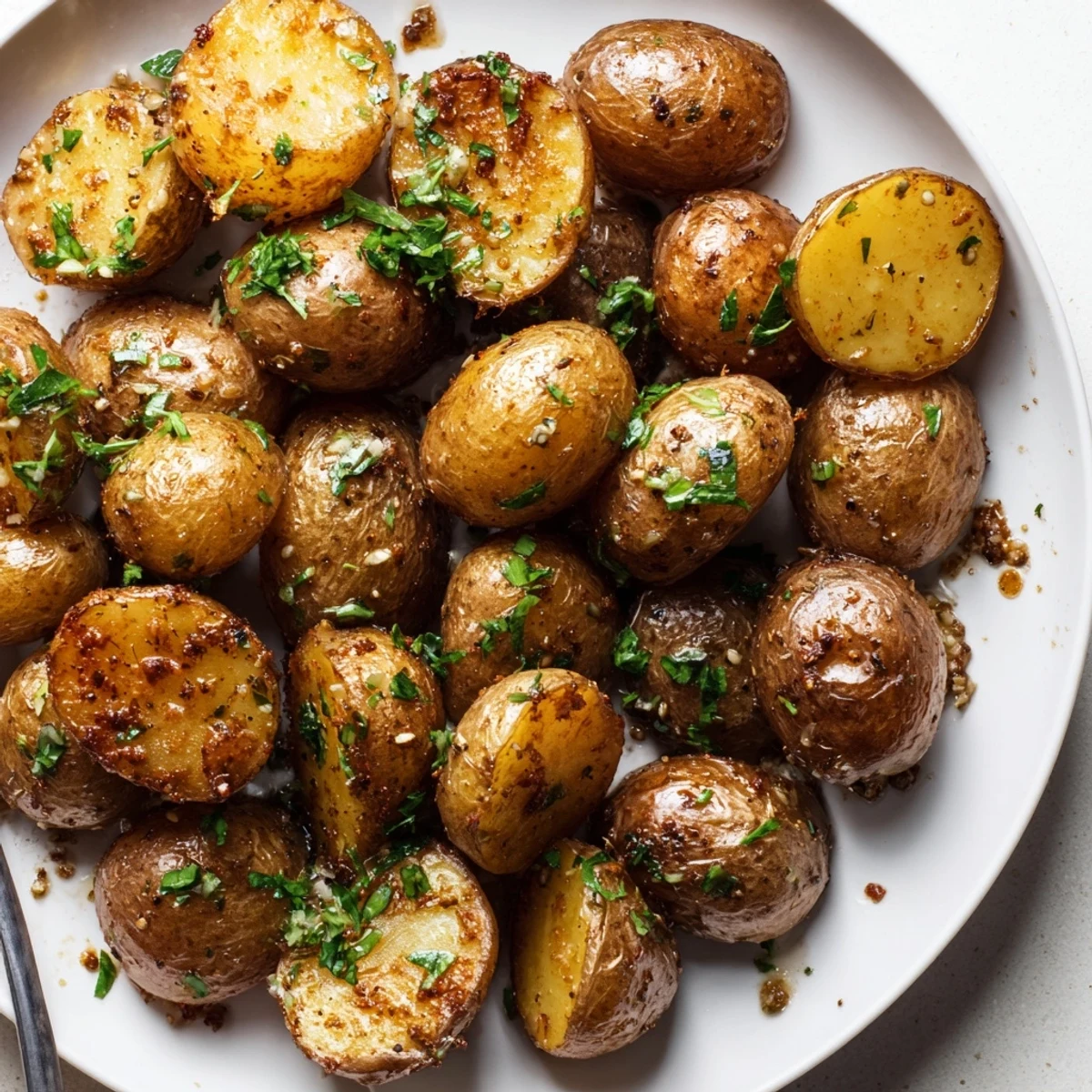 Crispy Oven Roasted Baby Potatoes with golden crust, fluffy centers, parsley garnish