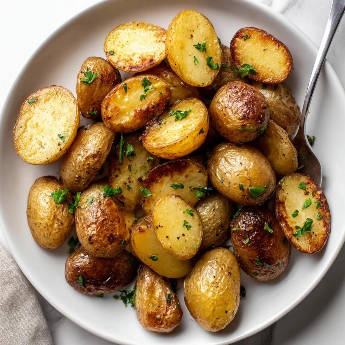 Crispy Oven Roasted Baby Potatoes seasoned with rosemary and smoked paprika, steaming