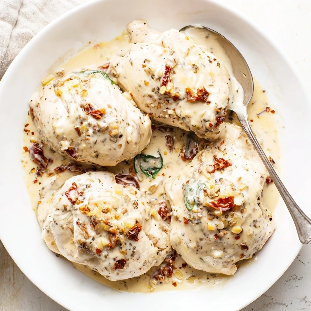 Hearty Slow Cooker Tuscan Chicken topped with sun-dried tomatoes, served over pasta