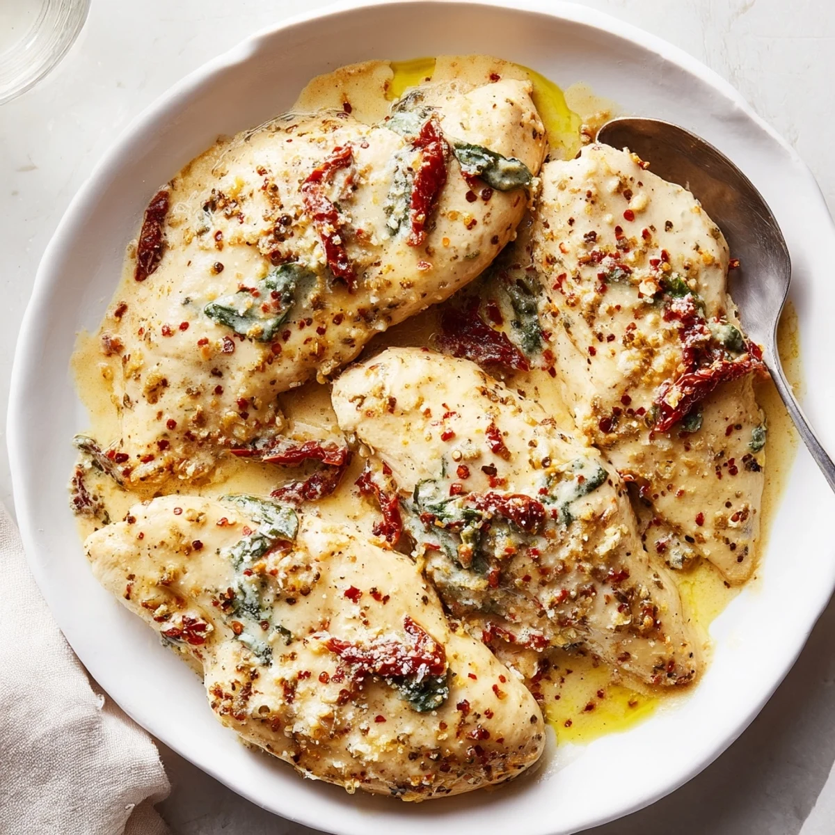 Slow Cooker Tuscan Chicken simmering in creamy parmesan sauce with wilted spinach