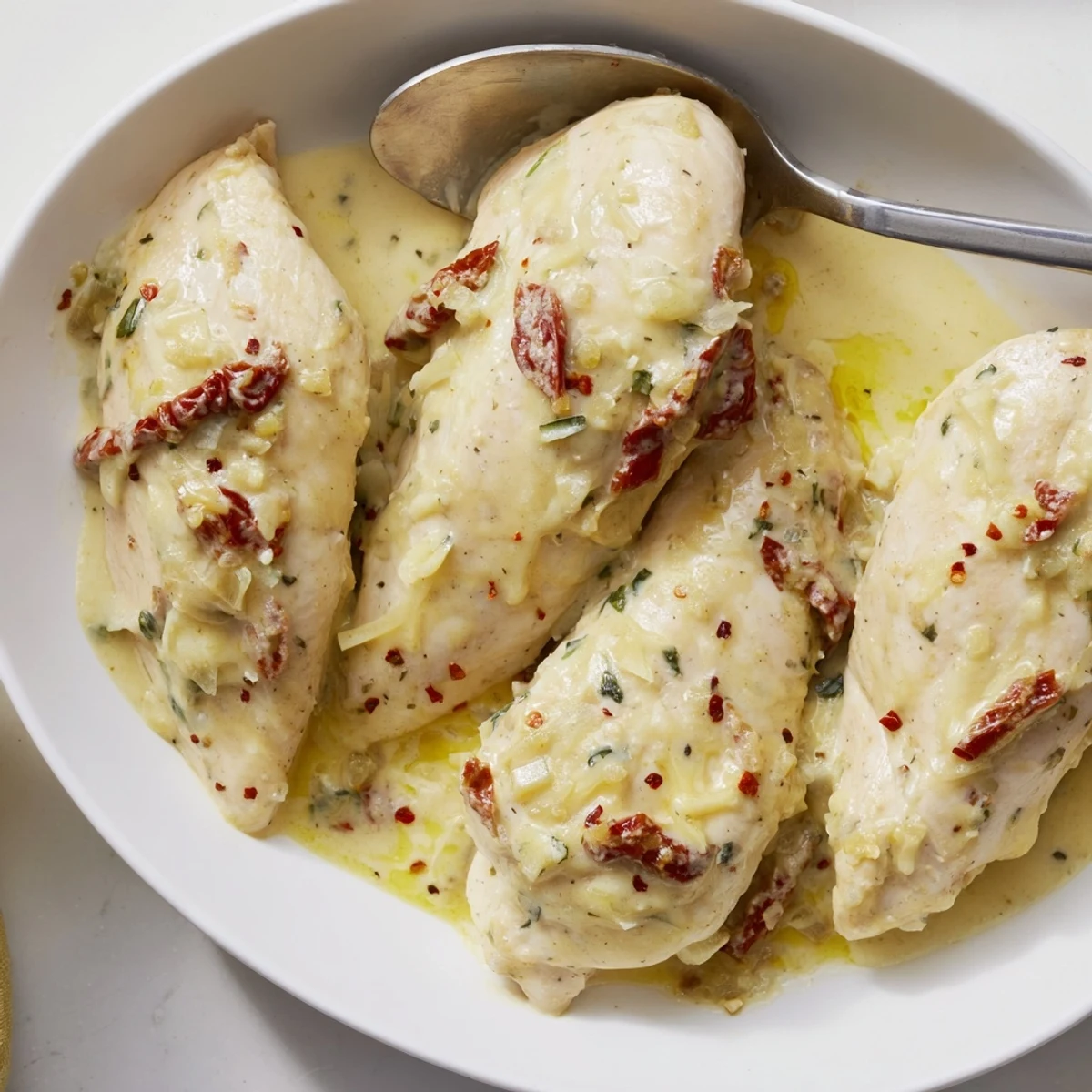 Creamy Slow Cooker Tuscan Chicken resting in golden sauce, garlic aroma wafting
