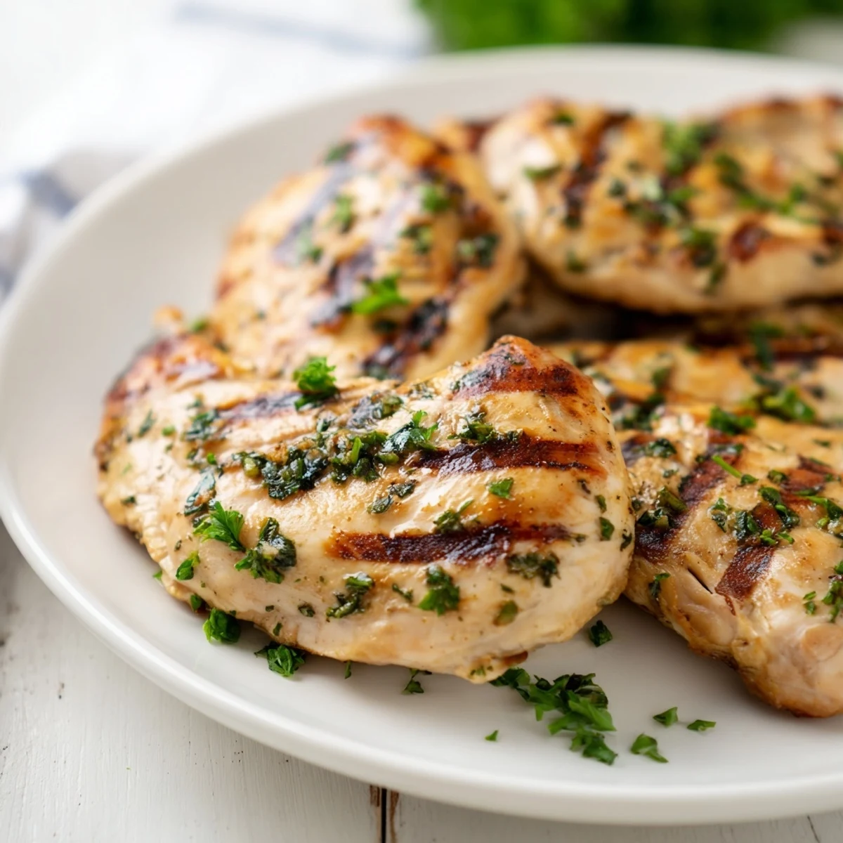 Golden brown grilled chicken breasts with char marks, garnished with fresh parsley and lemon wedges on a white plate