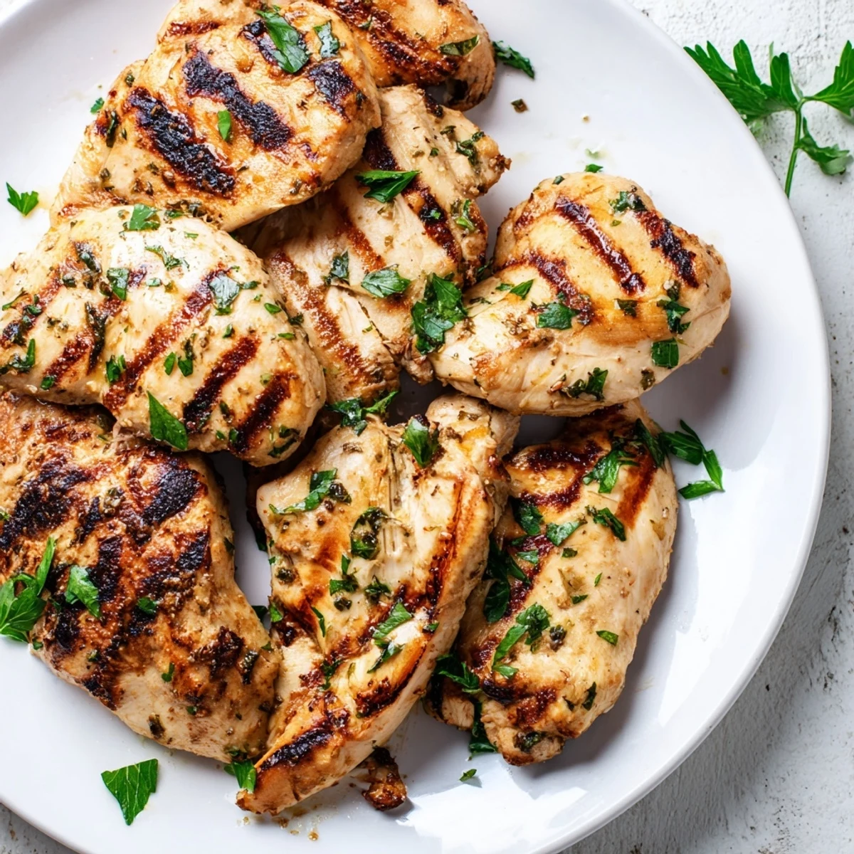 Juicy herb marinated grilled chicken breast sliced open showing tender interior, served with grilled vegetables for dinner