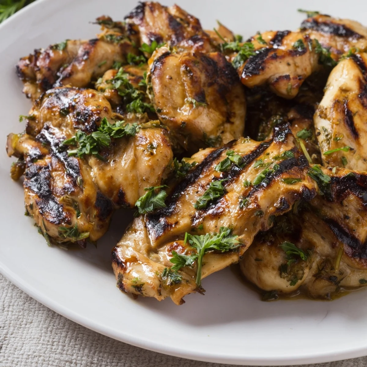 Perfectly grilled chicken with paprika and oregano marinade, plated with lemon wedges and parsley for a summer cookout
