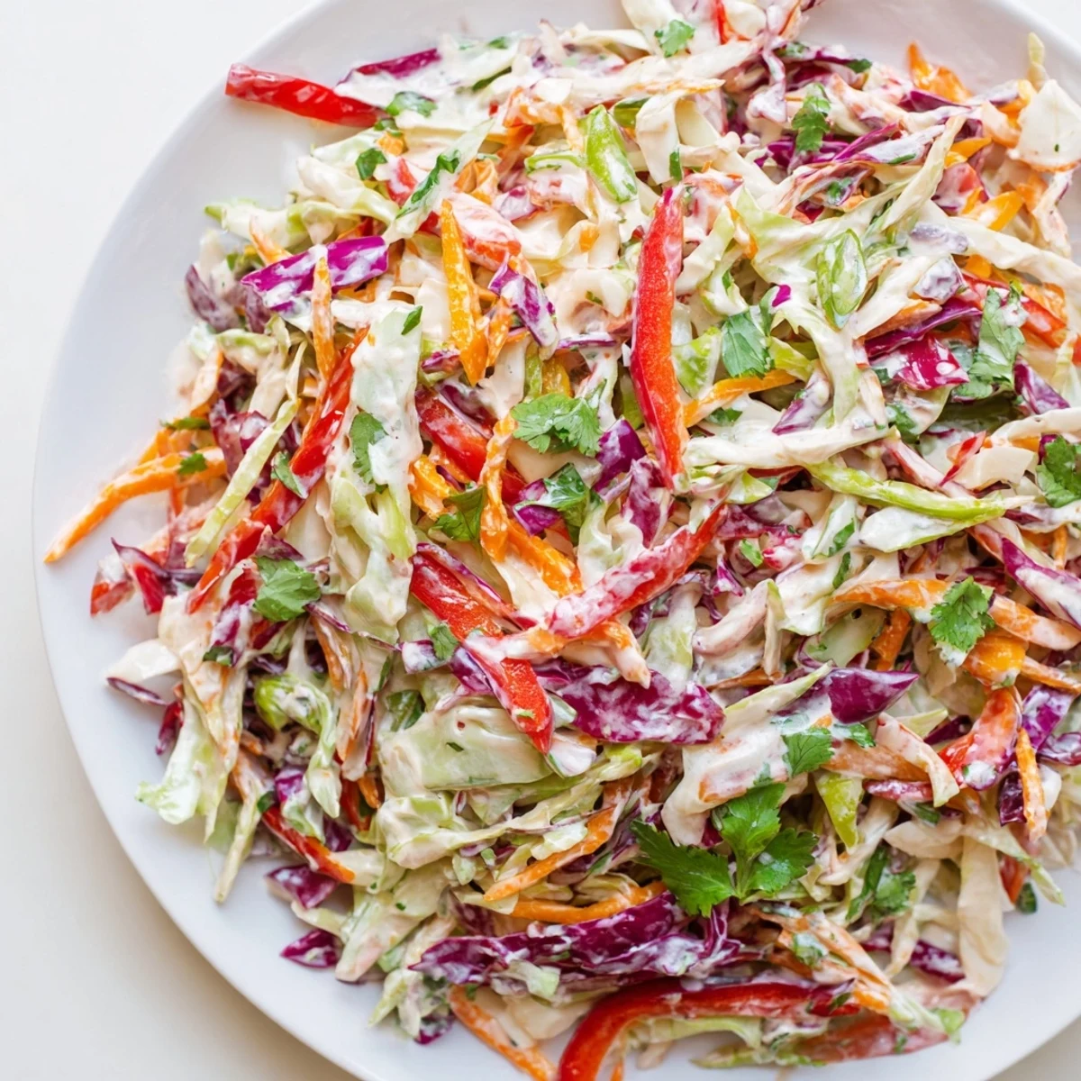 Refreshing summer slaw featuring crisp red and green cabbage topped with fresh cilantro