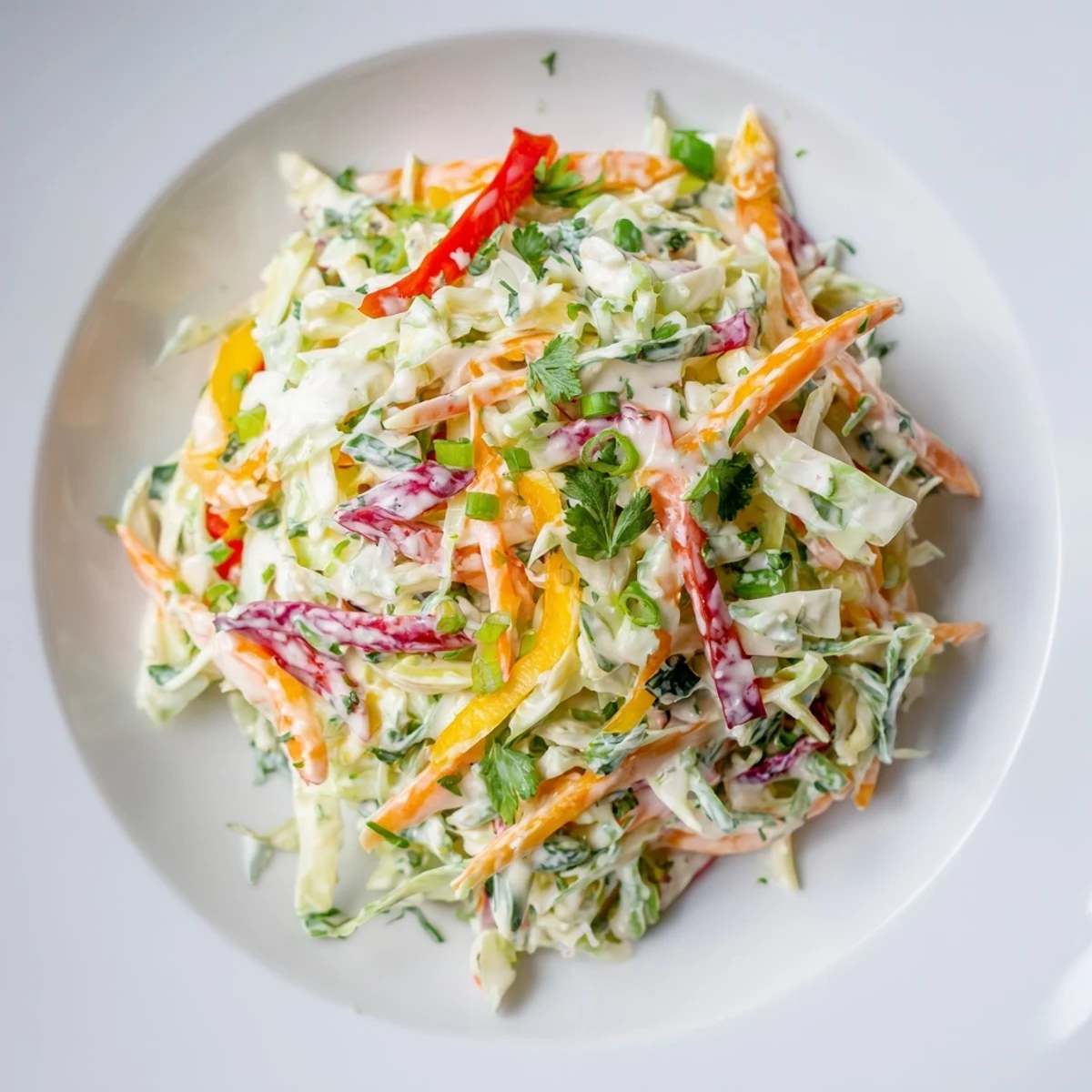 Creamy summer slaw salad with crunchy vegetables and tangy apple cider vinegar dressing