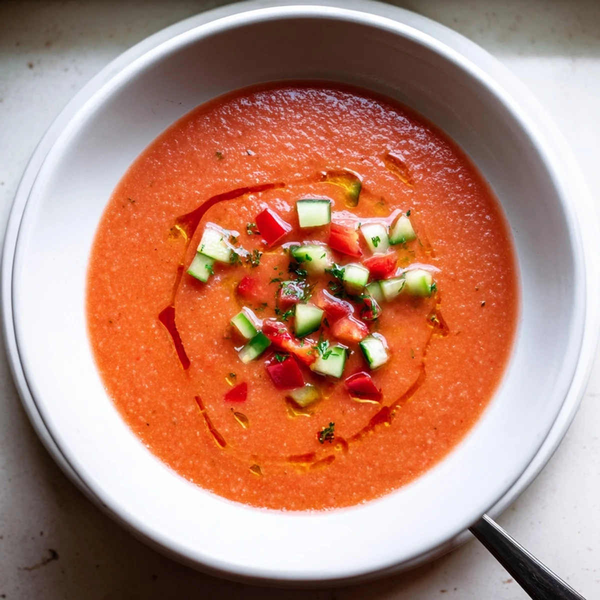 Vibrant bowl of chilled tomato gazpacho topped with diced cucumber and fresh herbs