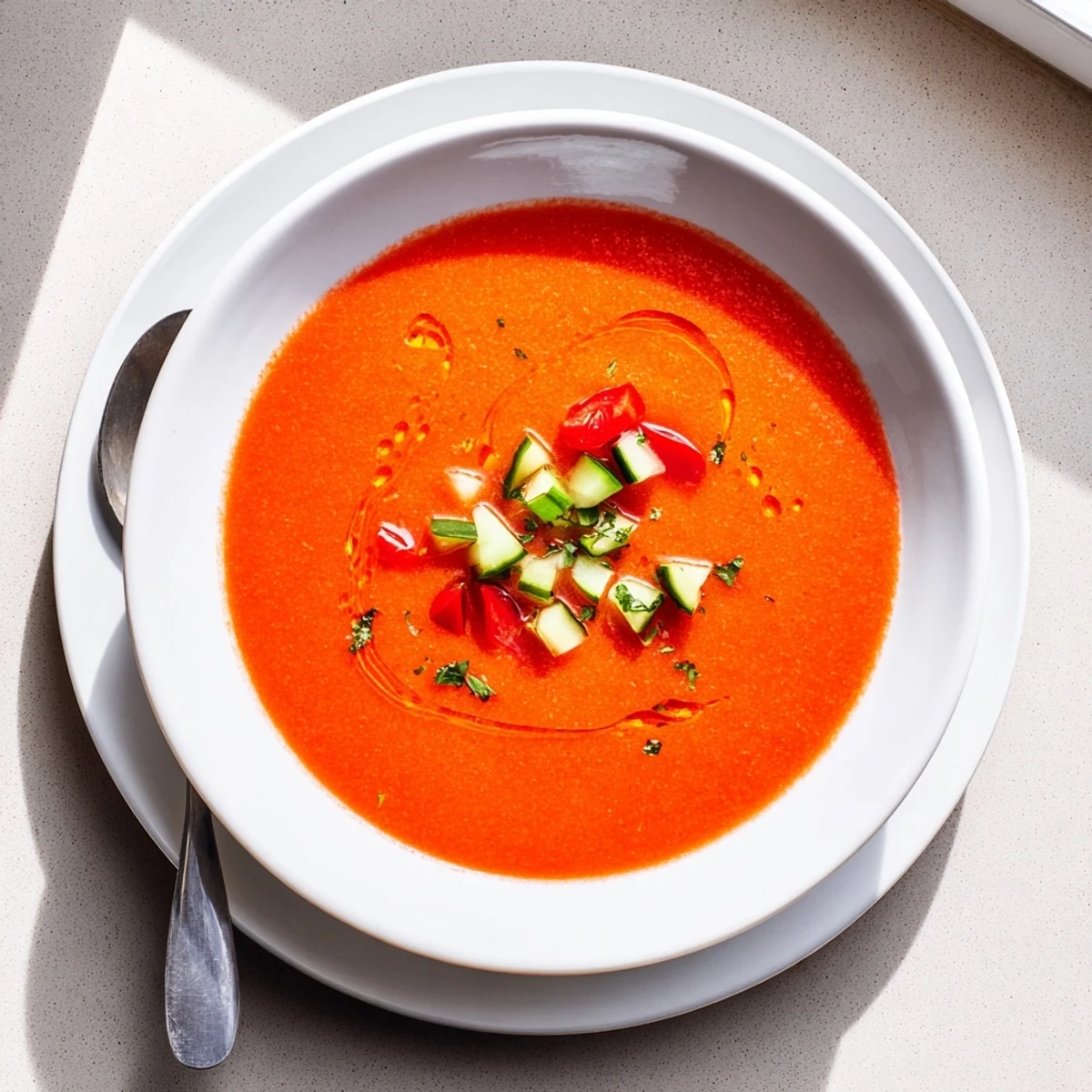 Creamy Spanish gazpacho soup featuring ripe tomatoes and colorful vegetable garnishes in a white bowl