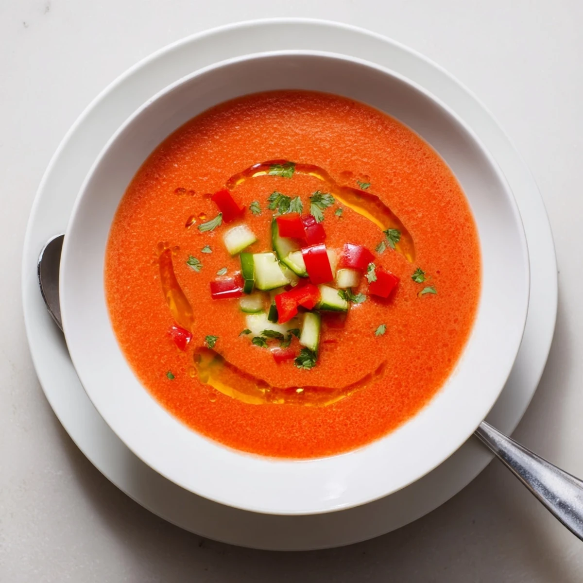 Refreshing cold tomato gazpacho drizzled with olive oil and sprinkled with diced bell peppers