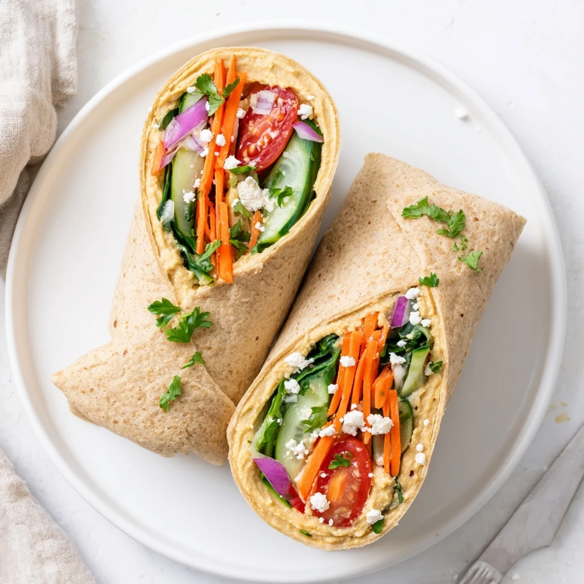 Colorful veggie wrap with hummus recipe featuring crisp sliced vegetables rolled in a whole wheat tortilla