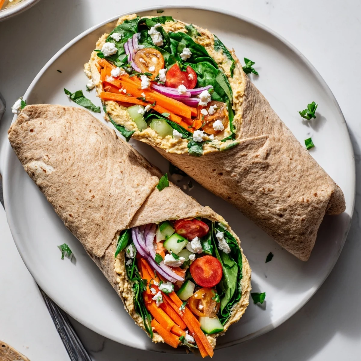 Fresh Mediterranean veggie wrap with hummus recipe showcasing vibrant bell peppers, cucumber, and spinach layers