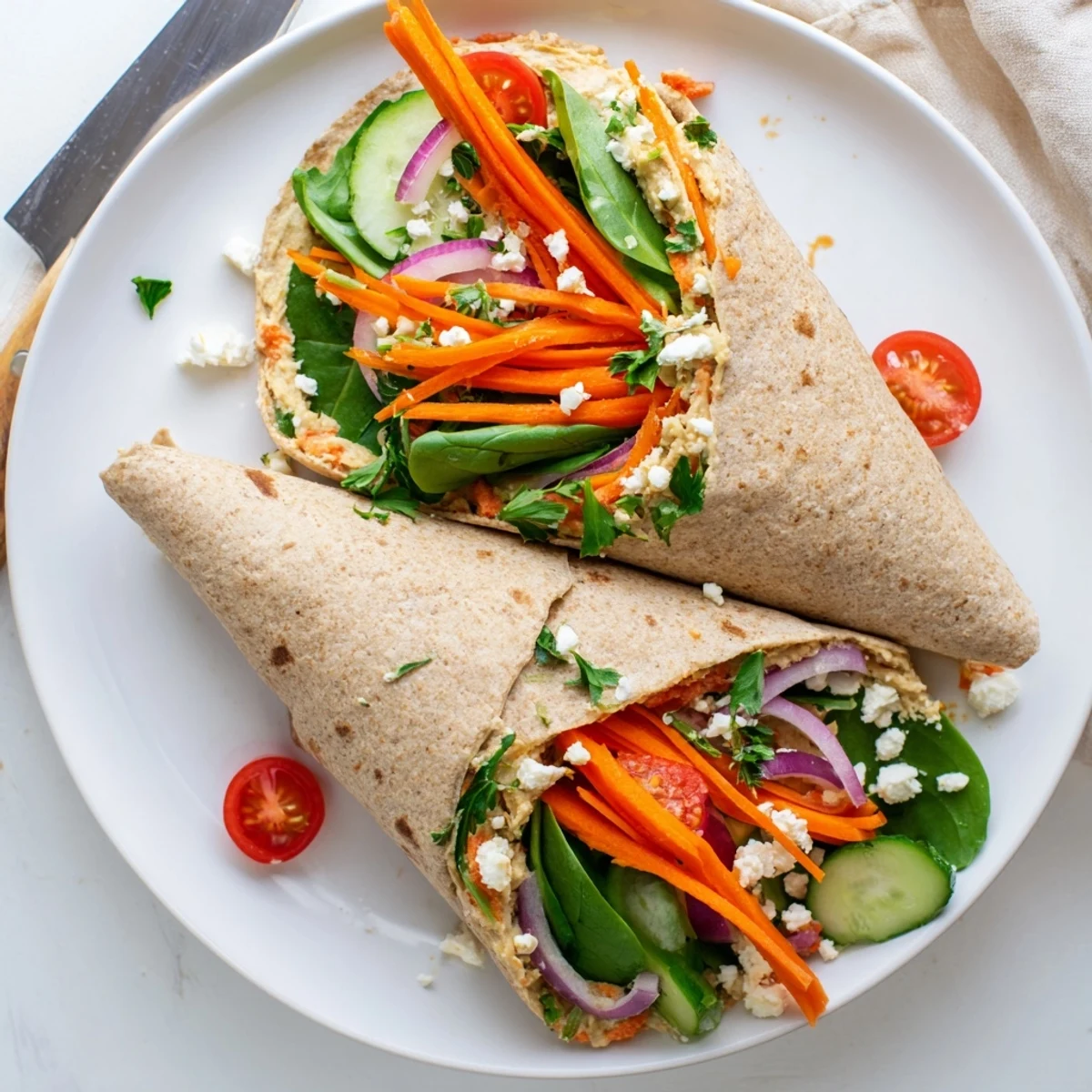 Healthy veggie wrap with hummus recipe displaying cross-section of creamy spread and crunchy garden vegetables
