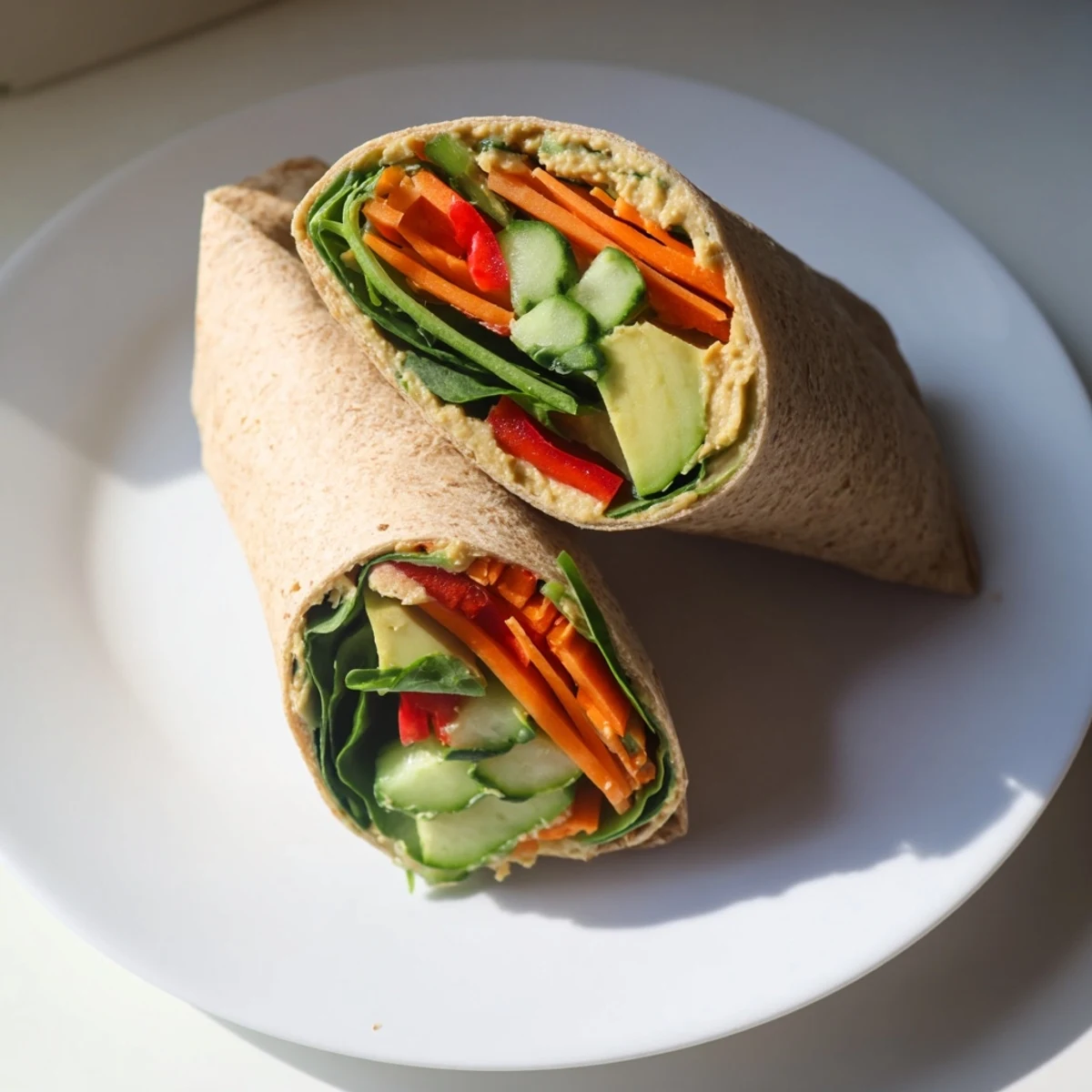 Golden brown whole wheat tortilla wraps rolled tight with vibrant green spinach, creamy hummus, and colorful fresh vegetable strips