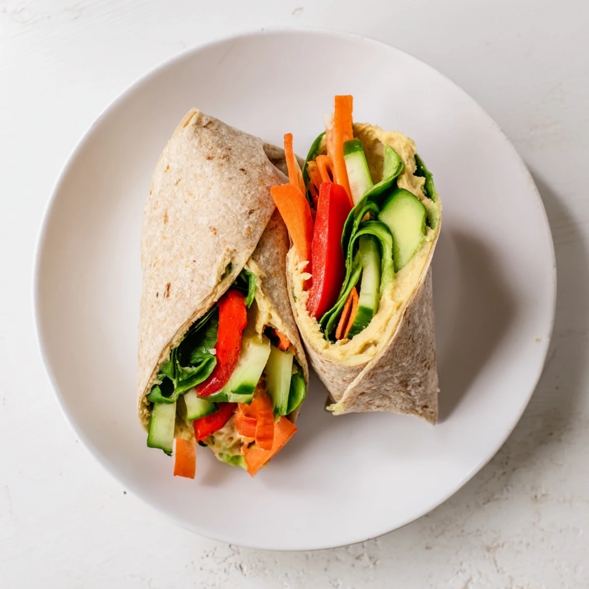 Fresh spinach hummus lunch wraps packed with julienned peppers and vegetables, ready for a healthy portable meal