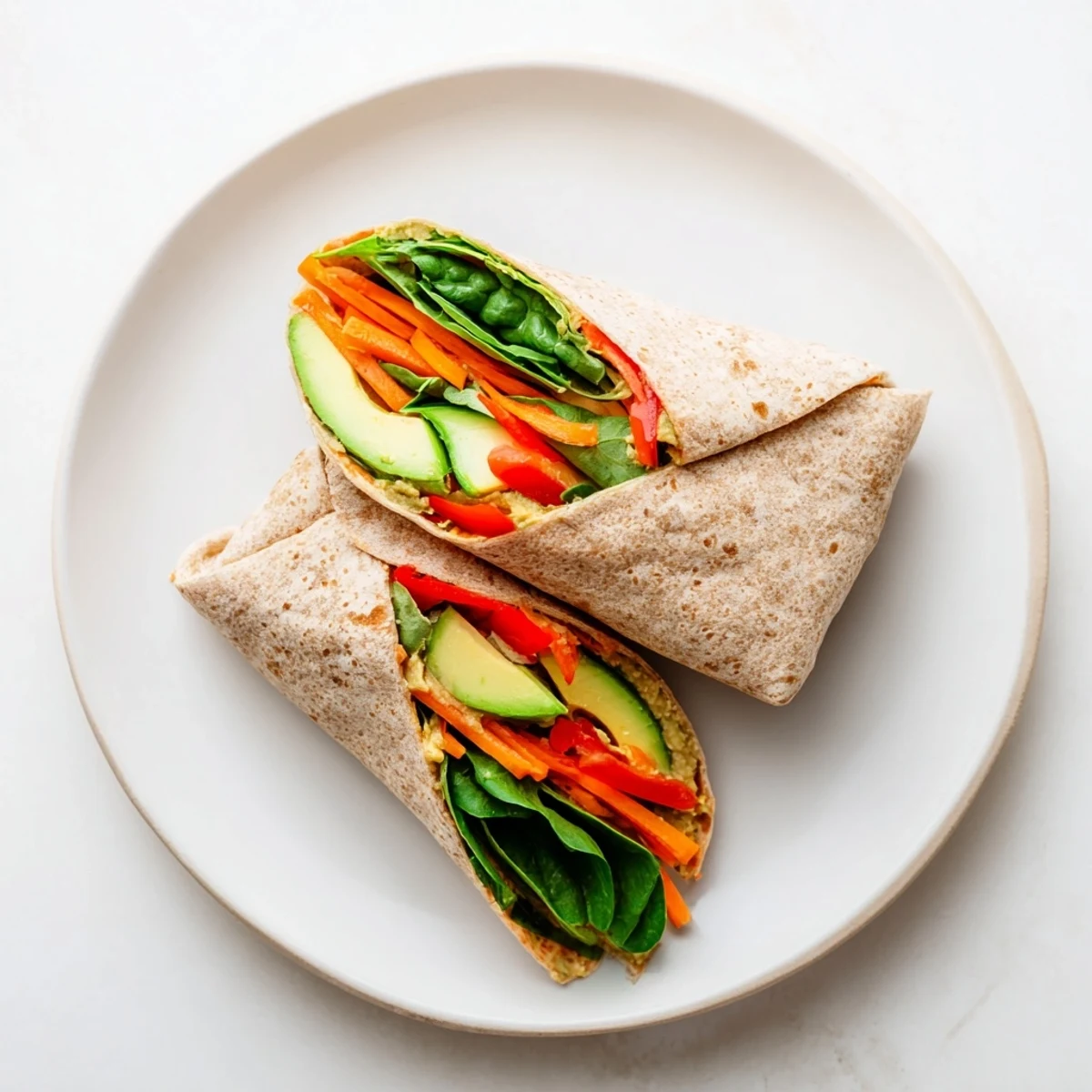 Mediterranean spinach hummus lunch wraps sliced diagonally to reveal layers of crisp carrots, cucumber, and avocado