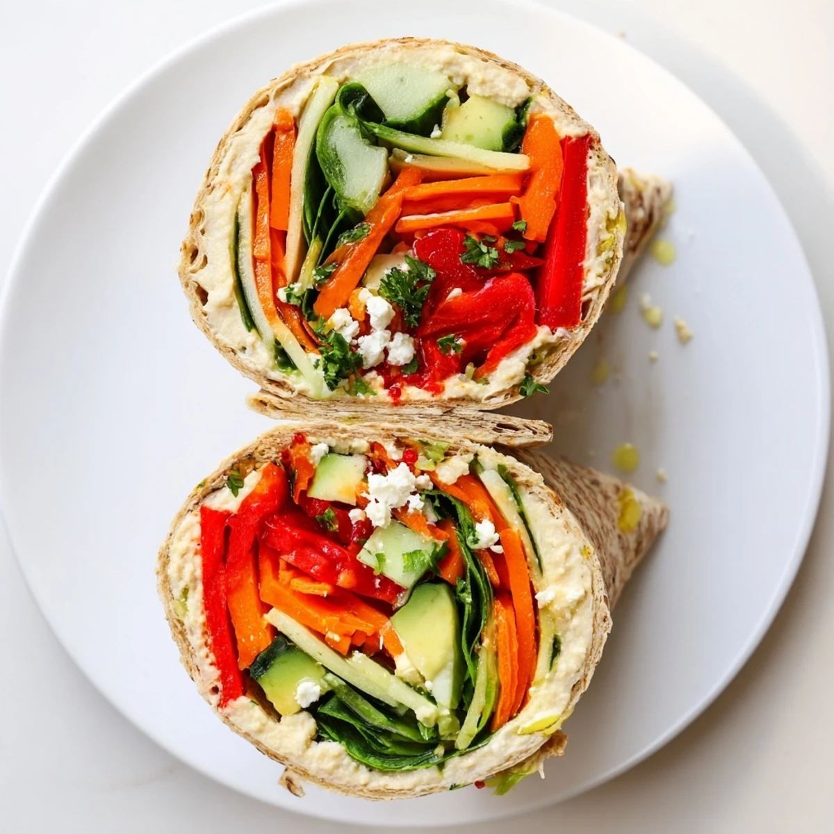 Golden hummus veggie wrap featuring crisp bell peppers, cucumber, and fresh spinach rolled in a whole wheat tortilla