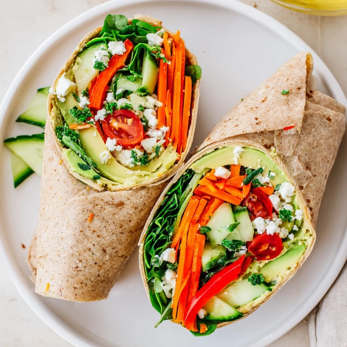 Vibrant Mediterranean hummus veggie wrap showcasing layers of colorful vegetables and creamy spread ready for healthy lunch