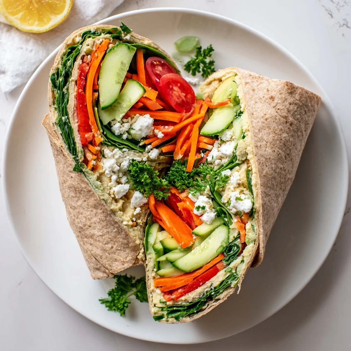 Close-up of hummus veggie wrap recipe displaying sliced avocado, carrots, and tomatoes nestled inside soft flour tortilla