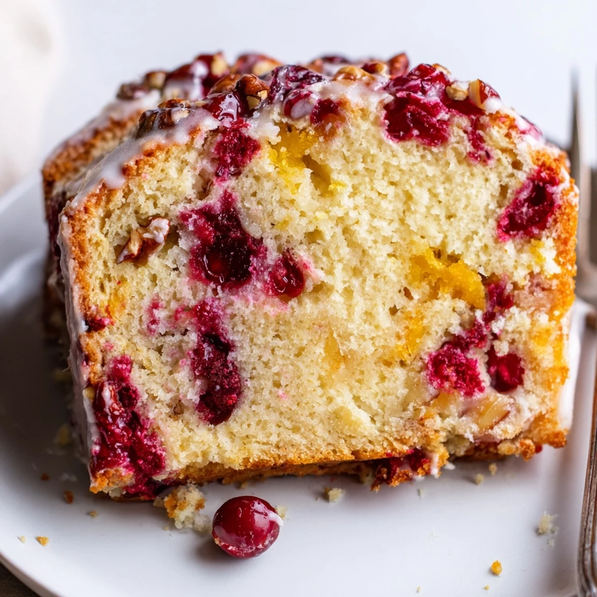 Freshly baked Cranberry Orange Bread in loaf pan, citrus aroma fills kitchen