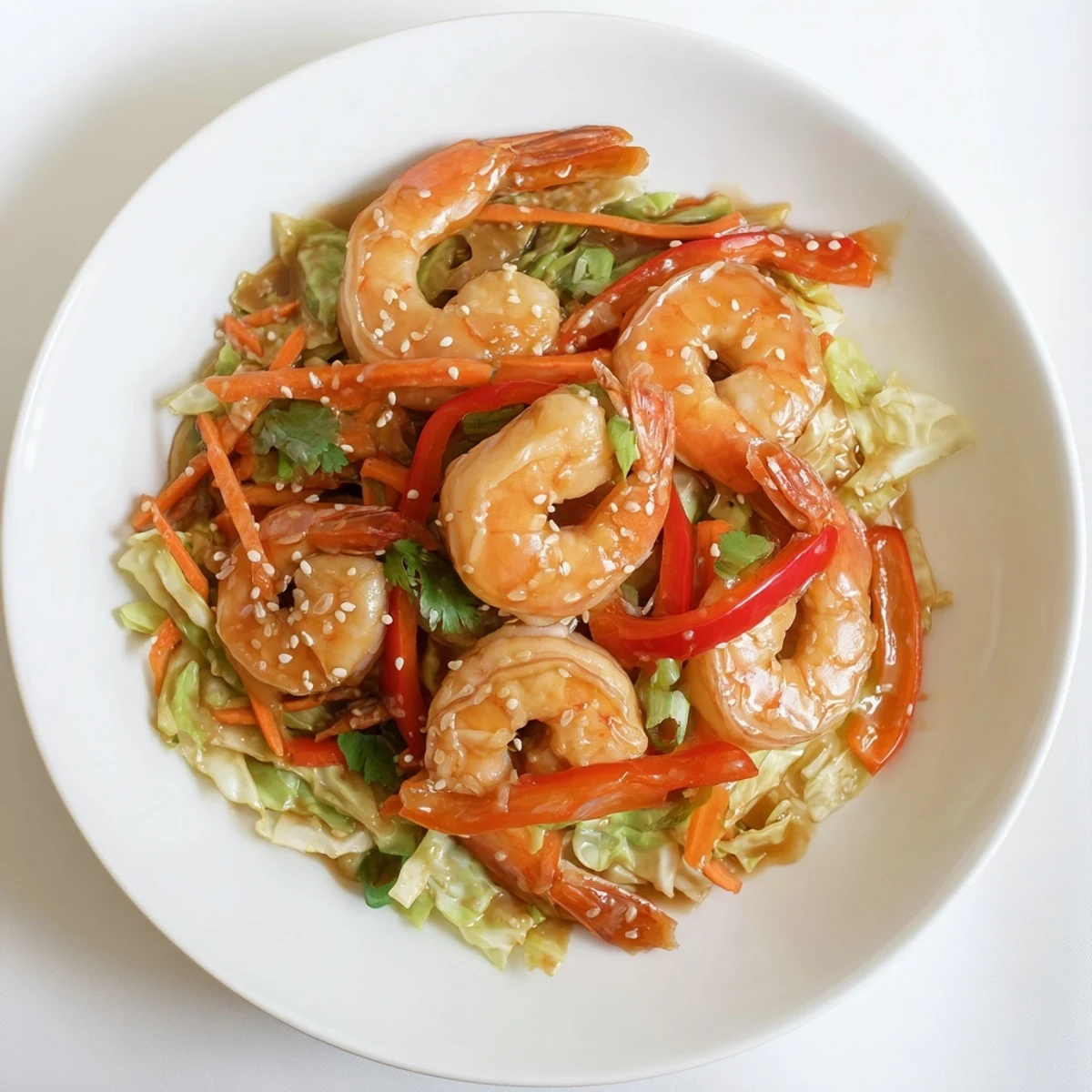 Delicious Asian Shrimp And Cabbage Stir Fry steaming in glossy sesame glaze  