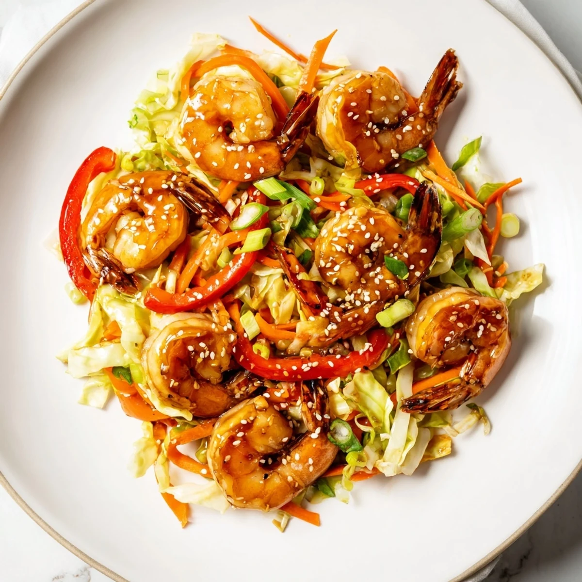 Family style Delicious Asian Shrimp And Cabbage Stir Fry over fluffy steamed rice  