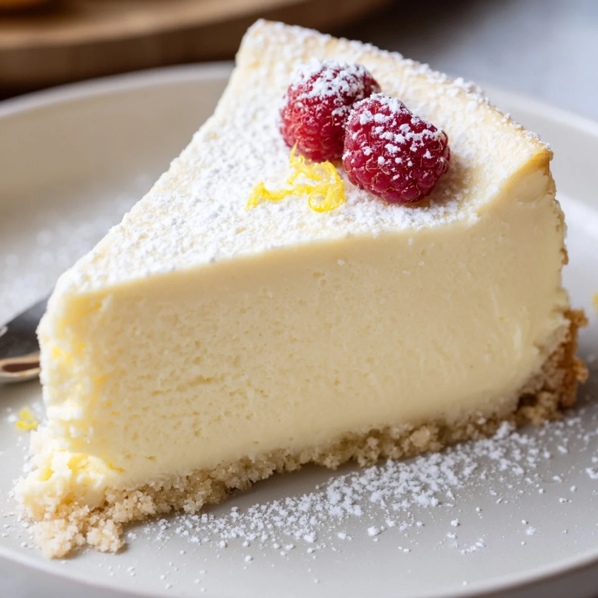 Slice of Classic Cheesecake chilled overnight, smooth center and graham crust