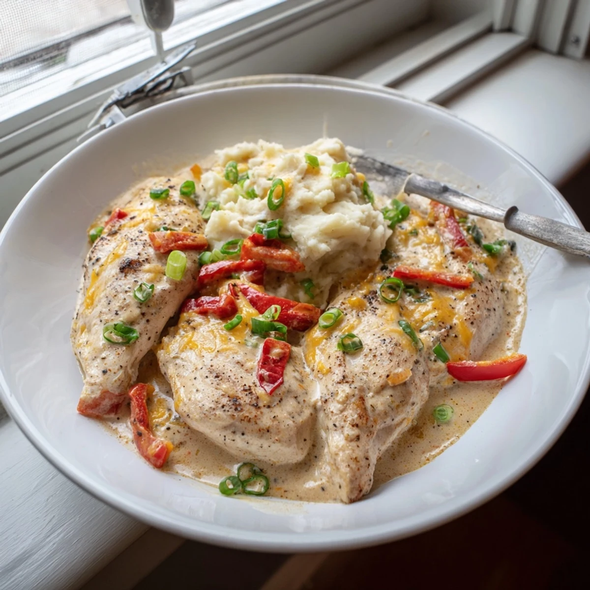 Oven-baked Mississippi Mud Chicken spooned with tangy cheddar cream, garnished with parsley