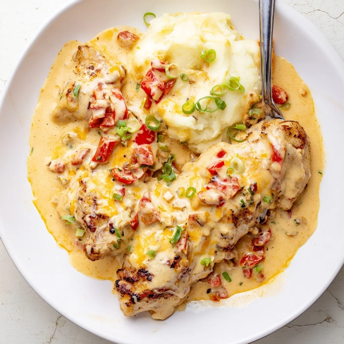 Hearty Mississippi Mud Chicken served with mashed potatoes, rich buttery savory sauce