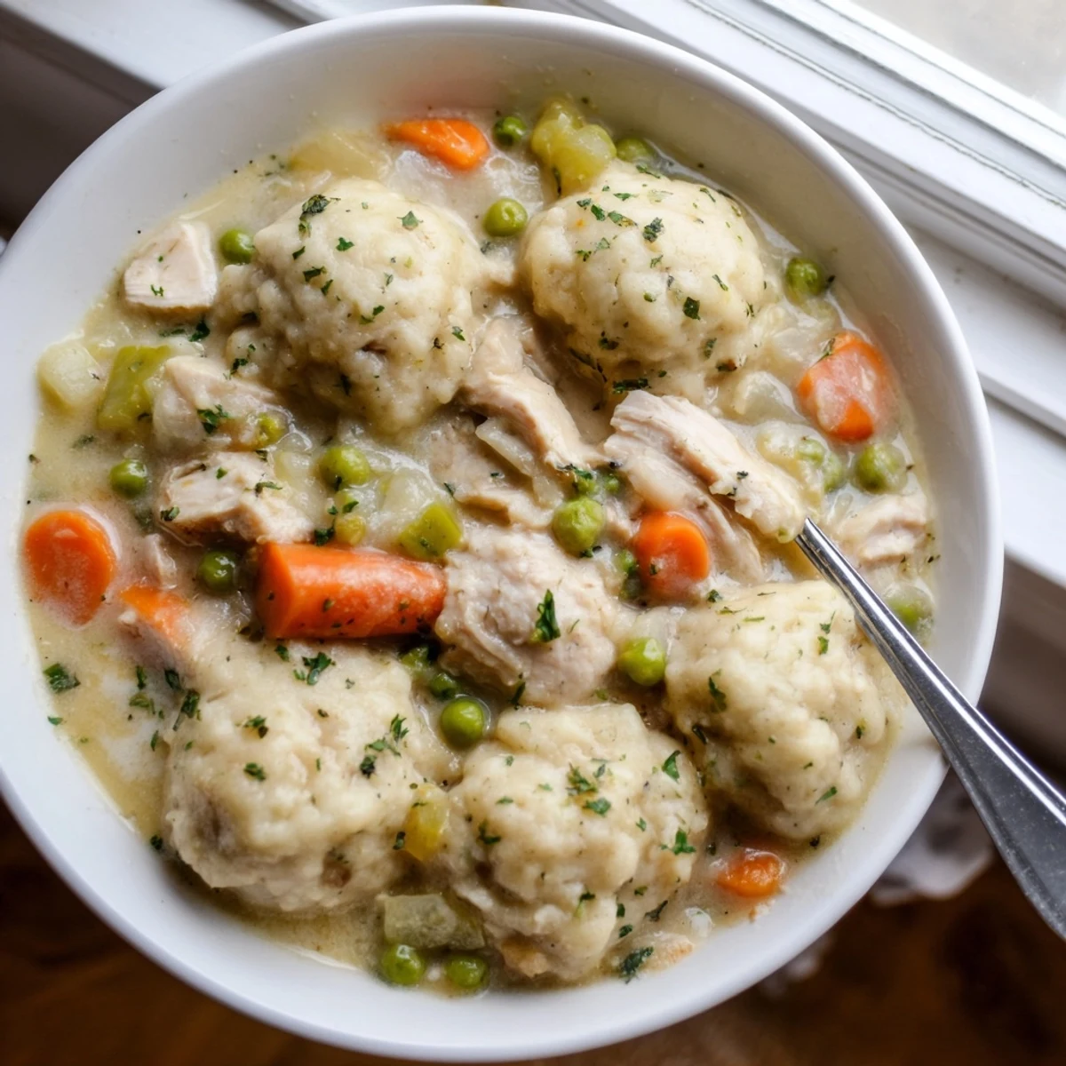 Steaming One Pot Chicken And Dumplings in a Dutch oven, creamy, tender.