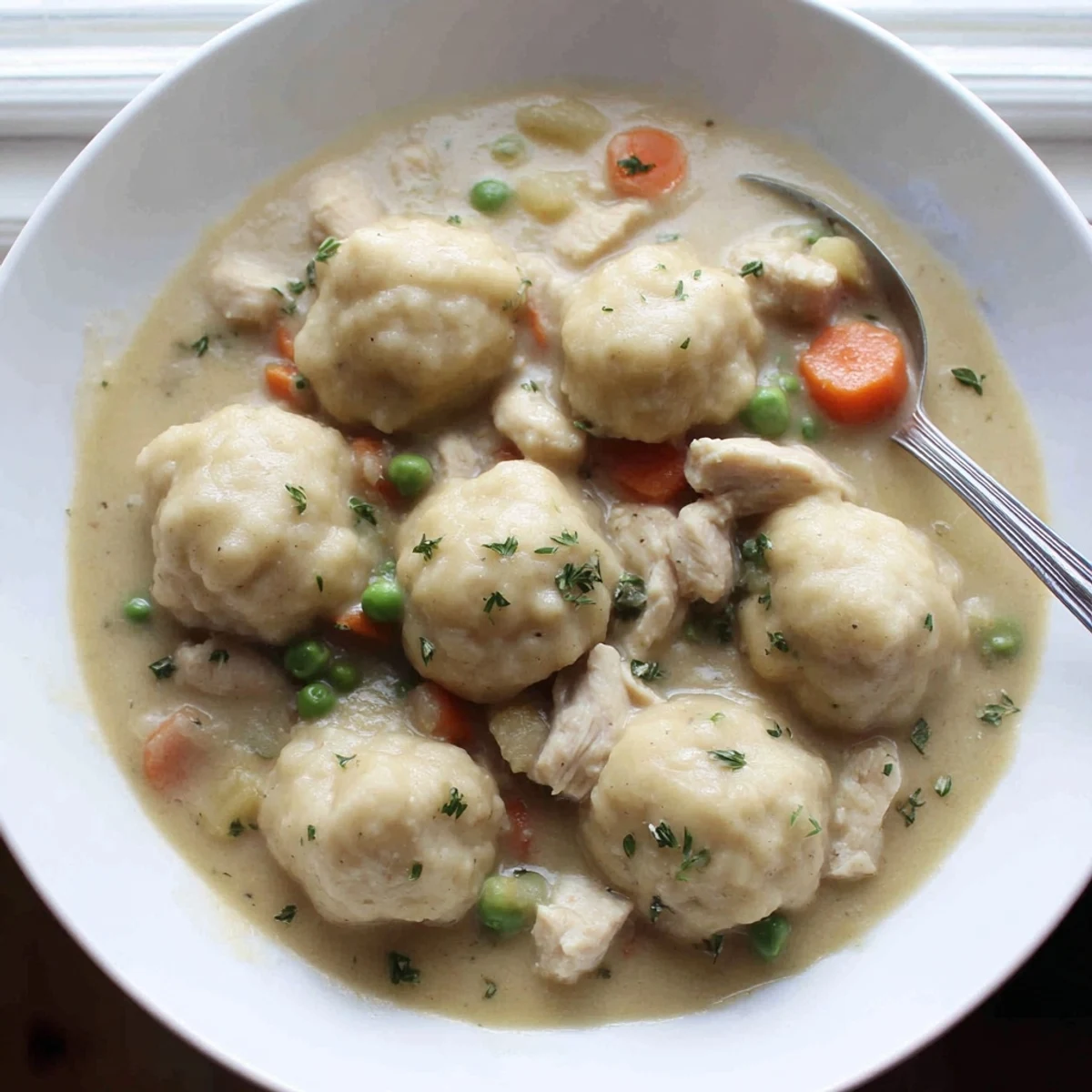 Hearty One Pot Chicken And Dumplings served with pillowy bites and sliced carrots.