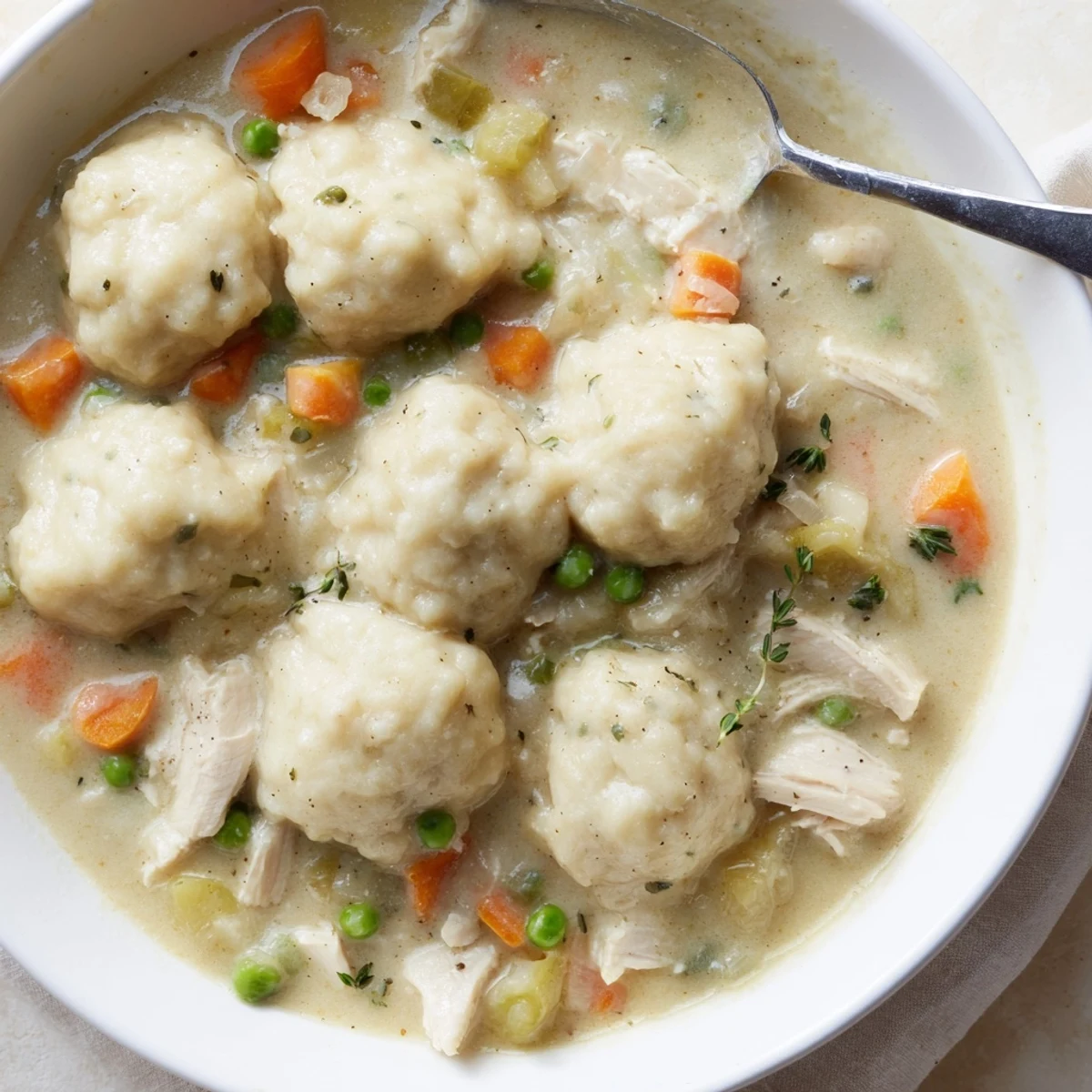 Creamy One Pot Chicken And Dumplings ladled into bowls, garnished with parsley.