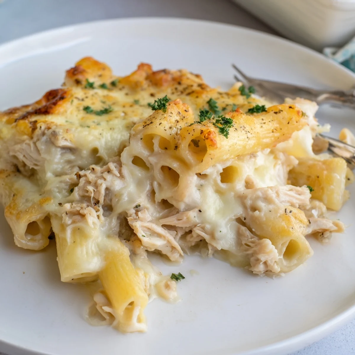 Steaming Creamy Chicken Alfredo Bake With Mozzarella Crust, golden bubbly cheese topping