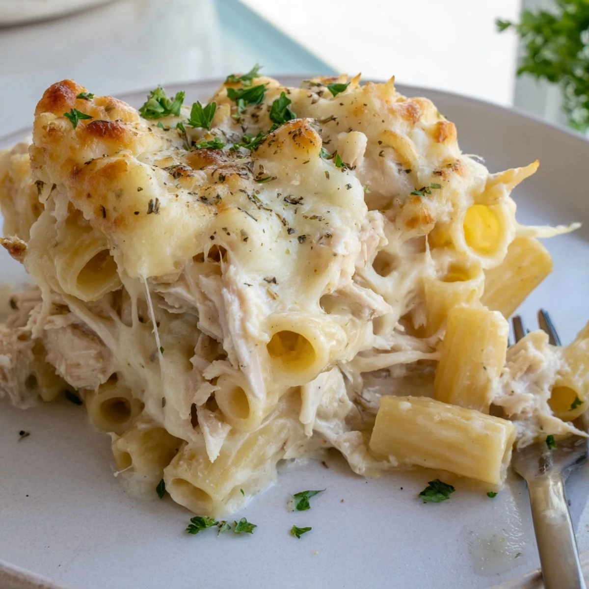 Family-style Creamy Chicken Alfredo Bake With Mozzarella Crust, tender chicken and parsley