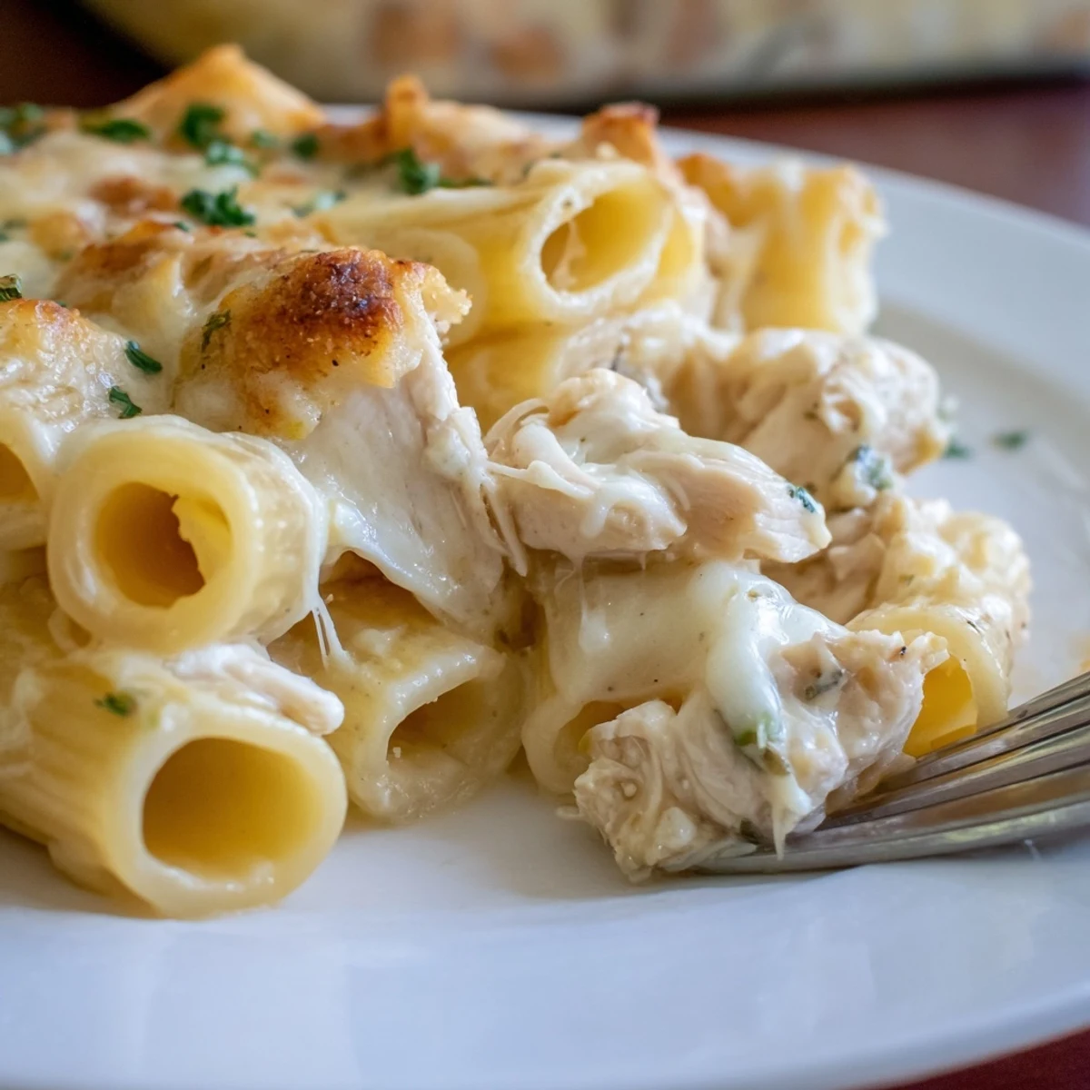 Slice of Creamy Chicken Alfredo Bake With Mozzarella Crust served with garlic bread