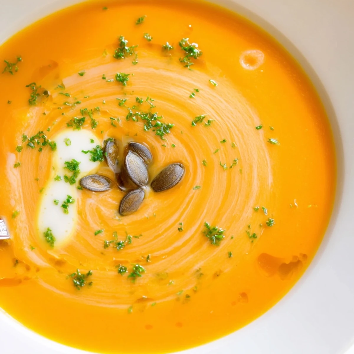 Creamy Carrot Soup steaming in bowl, garnished with parsley and pepper